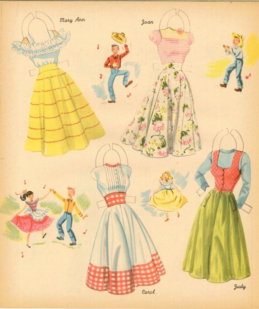 1950s fashions for teenagers going to a square dance as seen in a 1950s paper doll collection