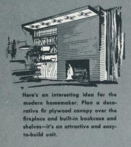 1950s home decor idea have a decorative canopy over the fireplace and built-in bookcase. 