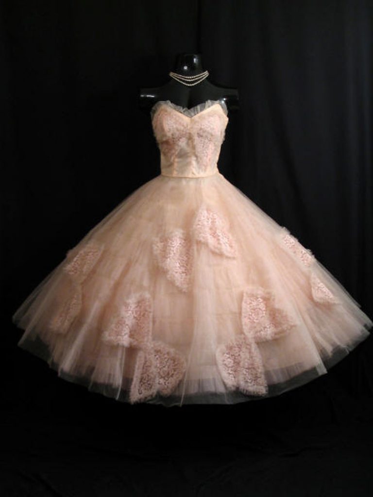 1950s strapless Emma Domb Pink Tulle Lace Butterflies Party Prom Wedding DRESS Gown