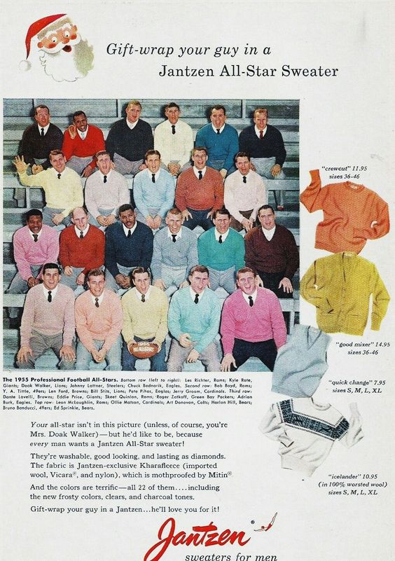 1950s vintage sweater ad for Jantzen sweaters featuring 1950s mens fashionable sweaters