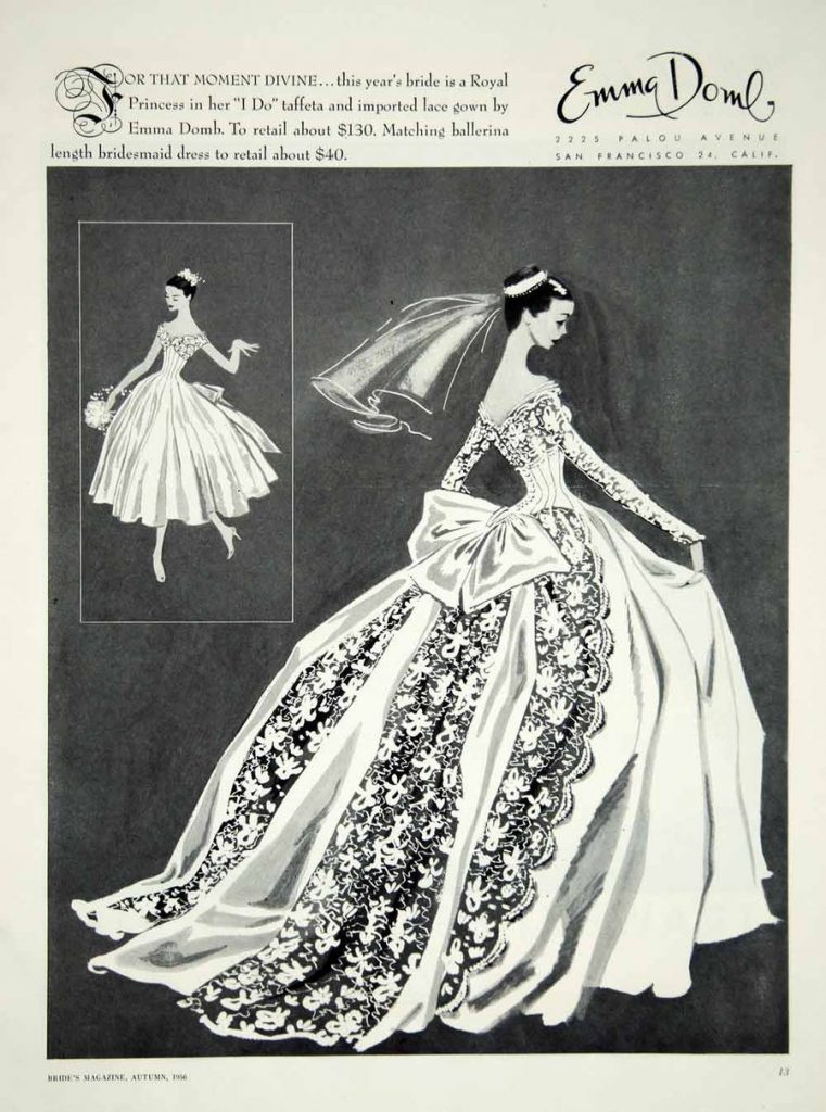 1956 Ad Vintage Emma Domb Wedding Dress Bride Bridesmaid Fashion