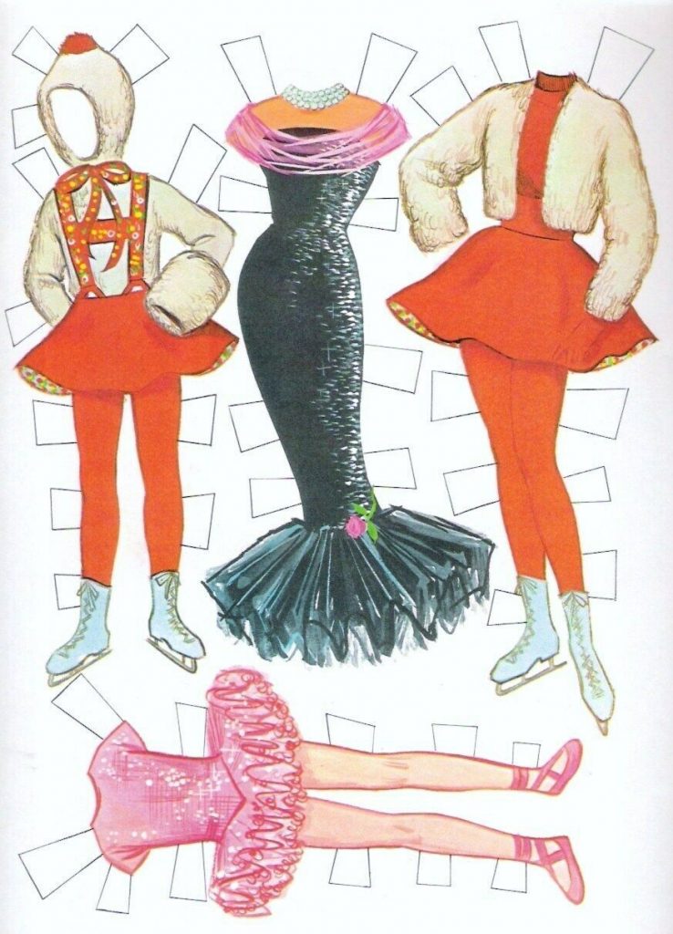 1960s fashions for the barbie paper dolls. winter fashions for skating and fashions for evenings out