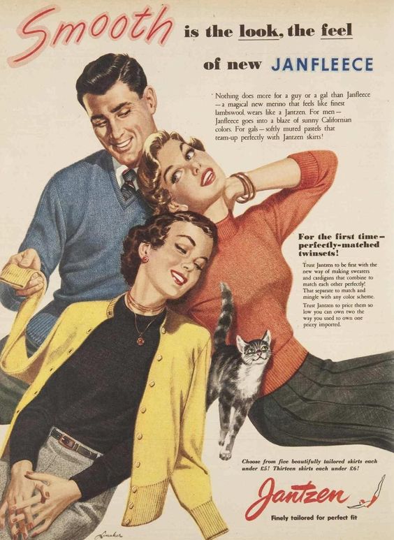 1950s Vintage Ad: Jantzen 1955 Fashion Ad for Jantzen sweaters featuring fun 1950s fashions for men and women. 