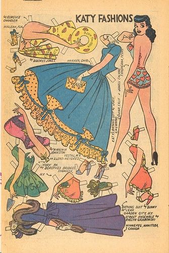 Katy Keene Paper doll from 1956 fashion illustration featuring 1950s fashions.