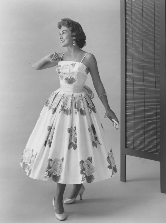 Marian McKnight, Miss America 1957, in Fuller Everglaze cotton satin dress by Emma Domb