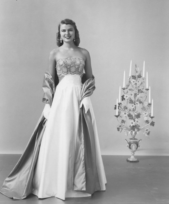 Marilyn Van Derbur, Miss America 1958, in Custom's Everglaze cotton satin ball gown by Emma Domb