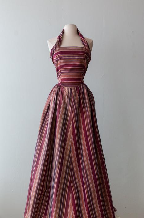 Vintage 1940s Dress - 40s Striped Taffeta Halter Evening Gown By Party Lines By Emma