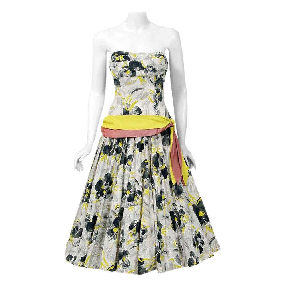 Vintage 1950's Emma Domb Grey Chartreuse Floral Print Cotton Strapless Dress