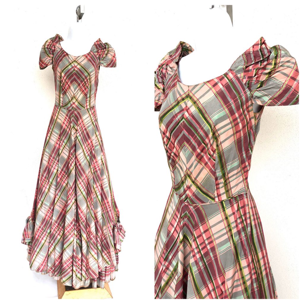 1940s fashion: 1940s vintage Dress an Emma Domb Party Line Plaid Taffeta Gown Dress