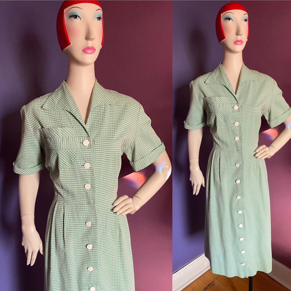 1940s Fashion: 1940s mint green cotton seersucker house dress / shirtwaist dress. 1940s Women's Fashion.