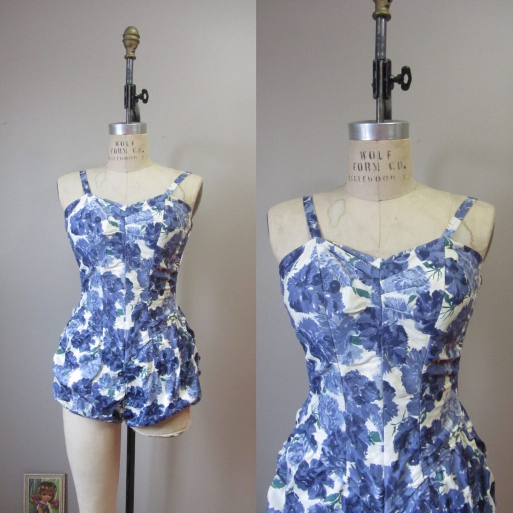 1950s Vintage Swimsuit: 1950s Rose Marie Reid blue floral maillot swimsuit