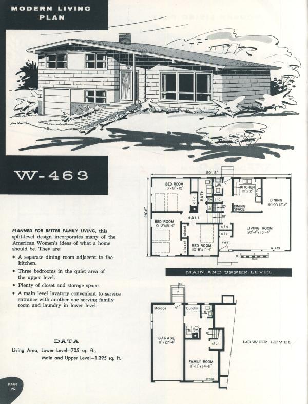 1950s home plan illustration for a split-level home