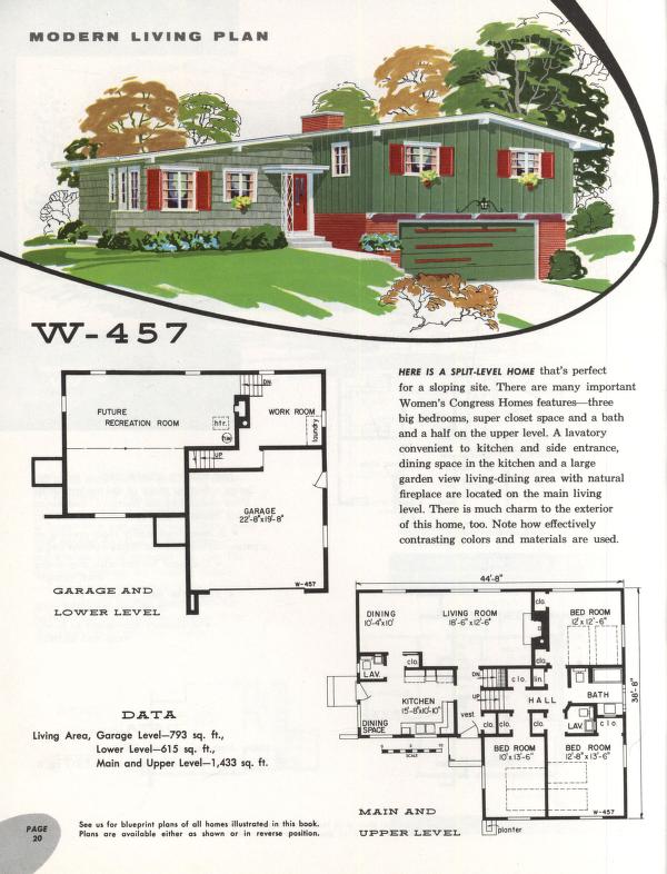 1950s home plan illustration for a split-level home