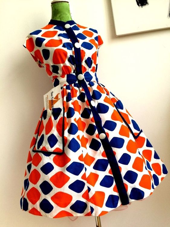 50s - Spectacular Orange & Blue Pattern Dress