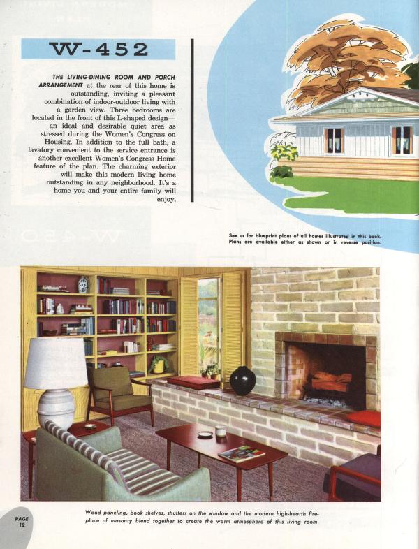 1950s Vintage Home Floor Plan illustration featuring a 1950s living room with wood paneling and fireplace. 