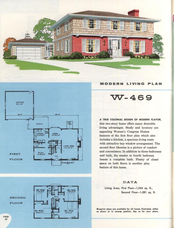 1950s home plan illustration for a Colonial Design