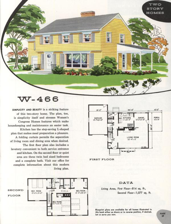 1950s home plan illustration for a two-story home. 