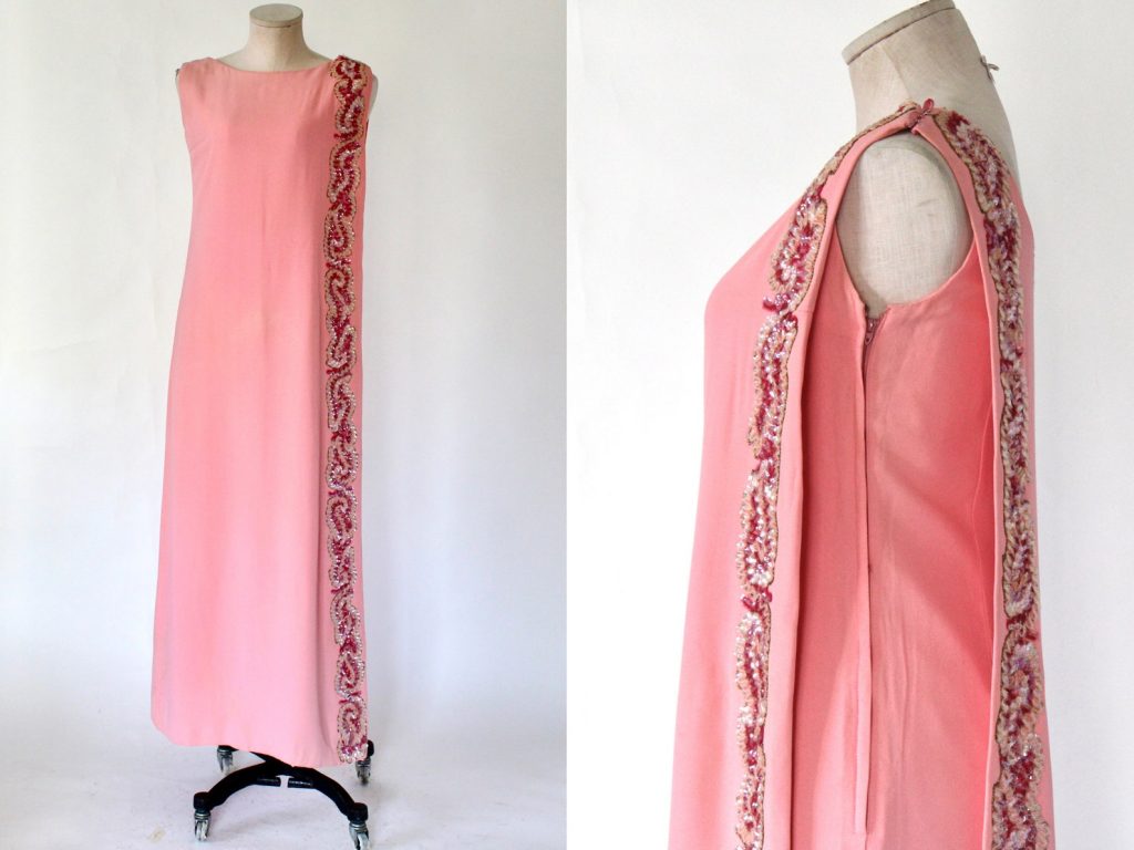 1960s Emma Domb Sequined Crepe Cape Tunic Evening Gown