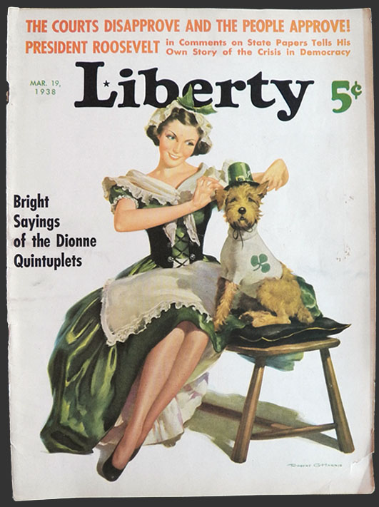 1930s Magazine Cover: Liberty Magazine dated March 19, 1938. Super St. Patrick's Day cover with pretty Irish woman and her cute dog decked out for the holiday