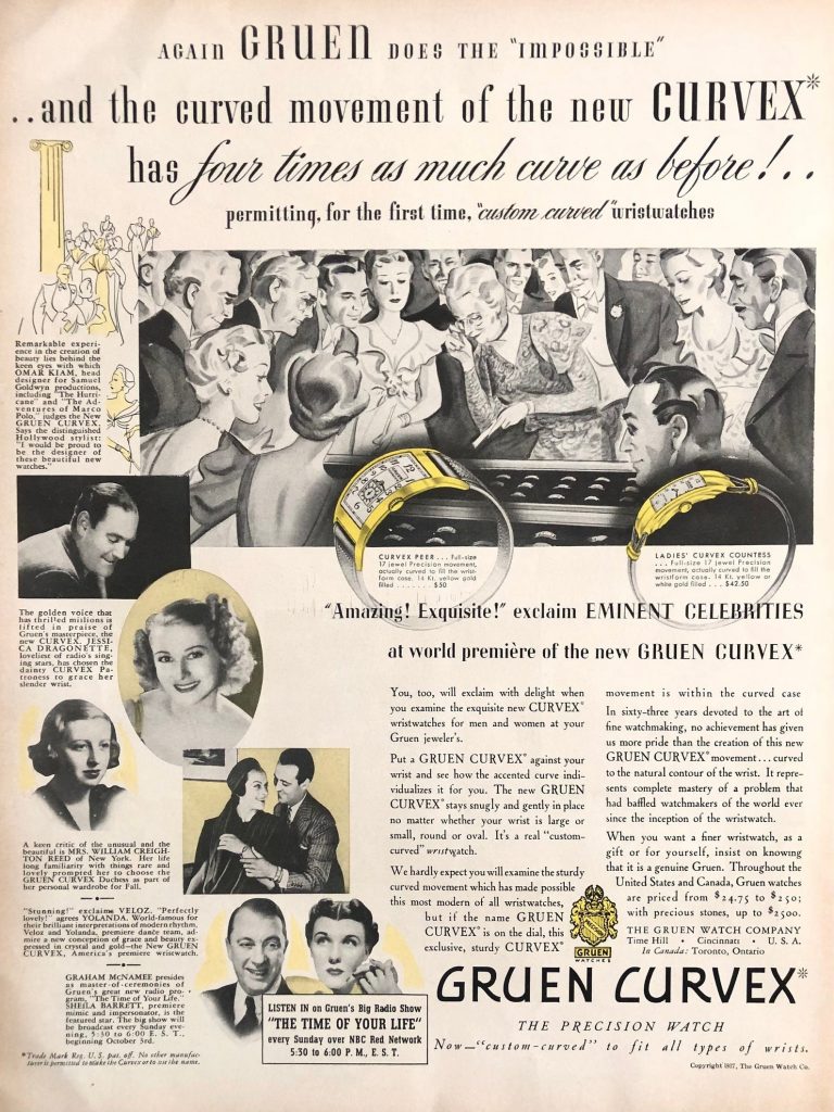 1937 Gruen Curvex Wristwatches Ad. Vintage watches for men and women. 