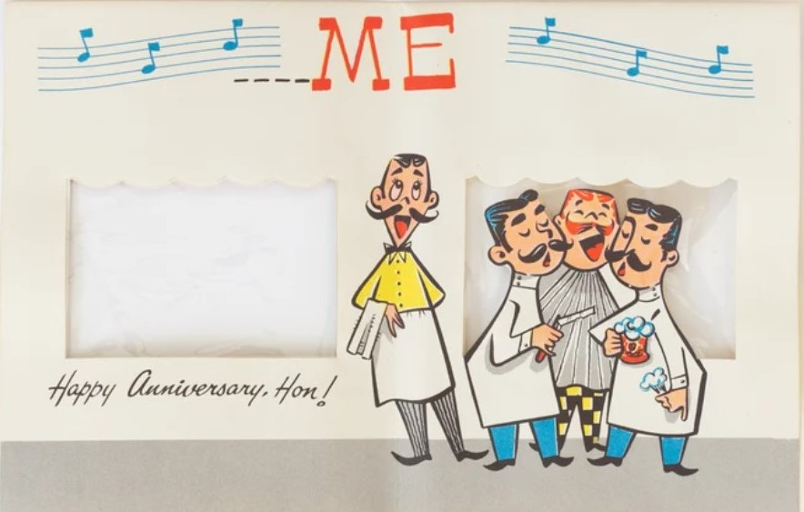 1940s 1950s vintage wedding anniversary card illustration featuring a barbershop quartet