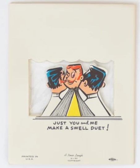 1940s 1950s vintage wedding anniversary card illustration featuring a barbershop quartet