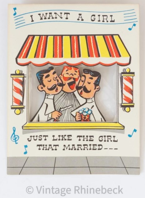 1940s 1950s vintage wedding anniversary card illustration featuring a barbershop quartet