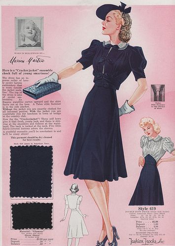 1940s fashion frocks fashion illustration featuring 1940s dresses and a woman wearing a snood with her hat.