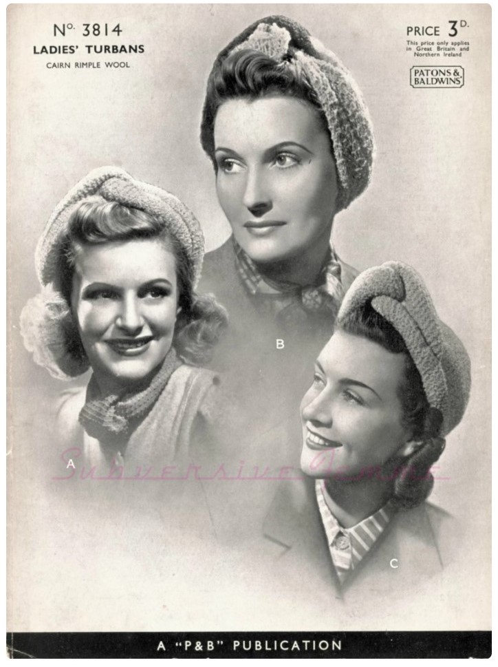 1940s vintage knitting pattern for 1940s ladies turbans in different styles. 