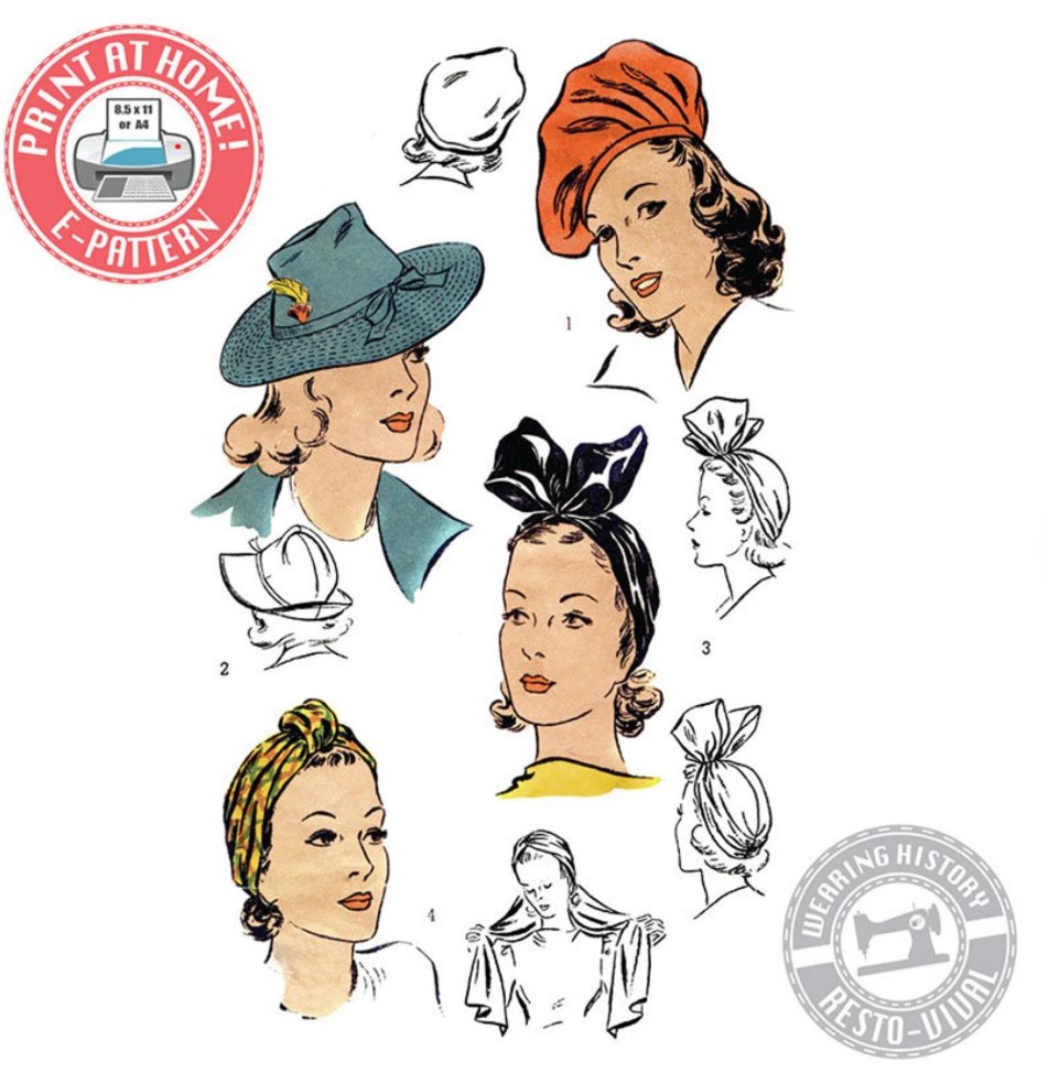 E-Pattern- 1940s Hat Wardrobe Size 22"- Beret- Turban- Fedora- PDF. 1940 Vintage Sewing Pattern 