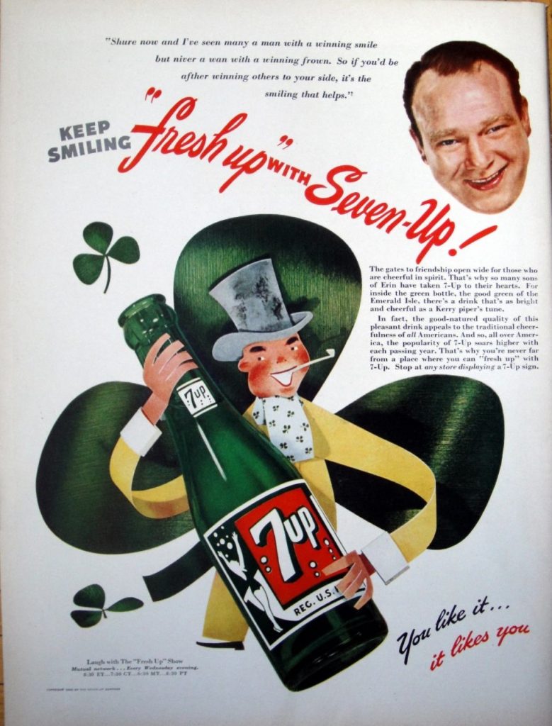 1940s Vintage Ad for St. Patrick's Day featuring Seven-Up. 1946 print ad. 