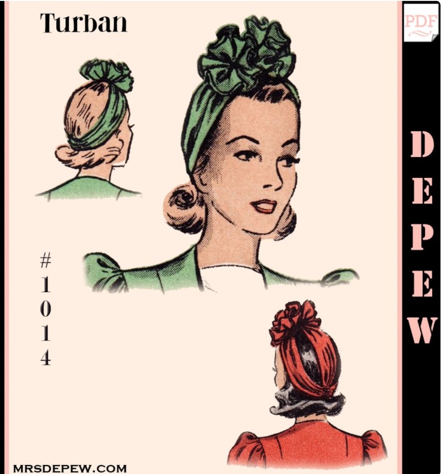 1940s sewing pattern for a 1940s turban headband, 1940s Ruffled Turban, 1940s Turban Style