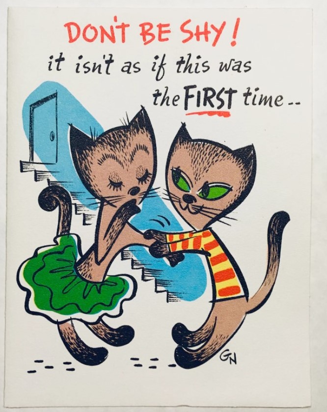 1950s Vintage Wedding Anniversary card featuring an illustration of 2 cats dancing together representing husband and wife. 