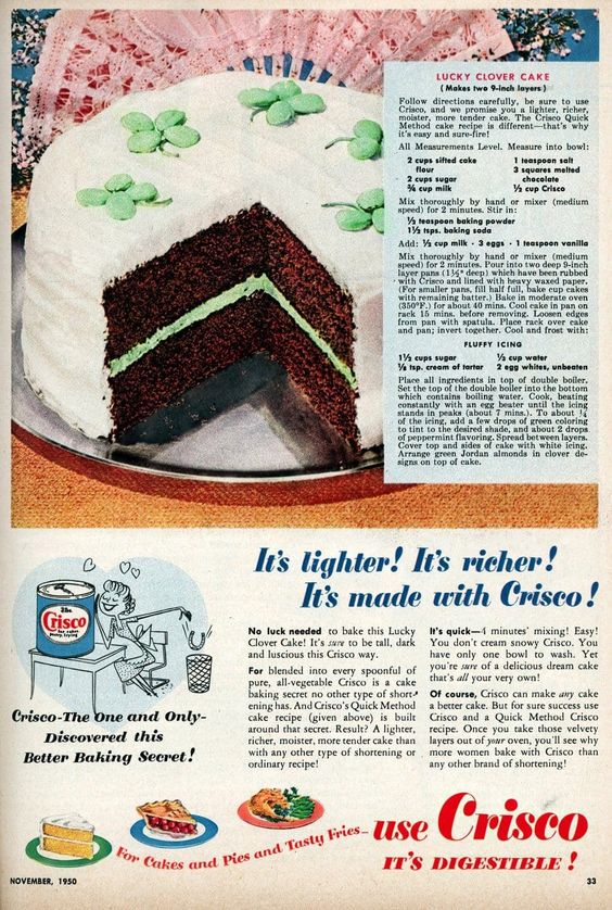 1950s vintage recipe for a St. Patrick's day cake from Crisco-The Lucky Clover Cake 1950