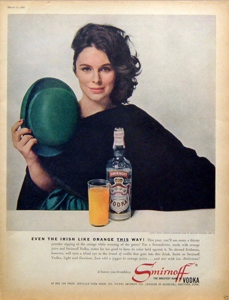 1960s vintage ad for Smirnoff Vodka for St. Patrick's Day. 