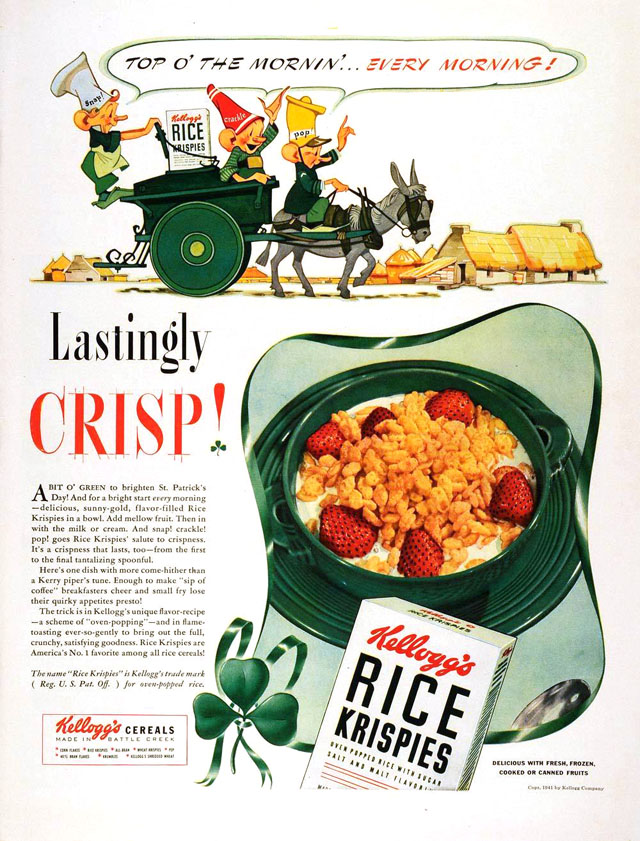 1941 Vintage Ad for Kellogg's Rice Krispies for St. Patrick's Day. 1940s Ad.