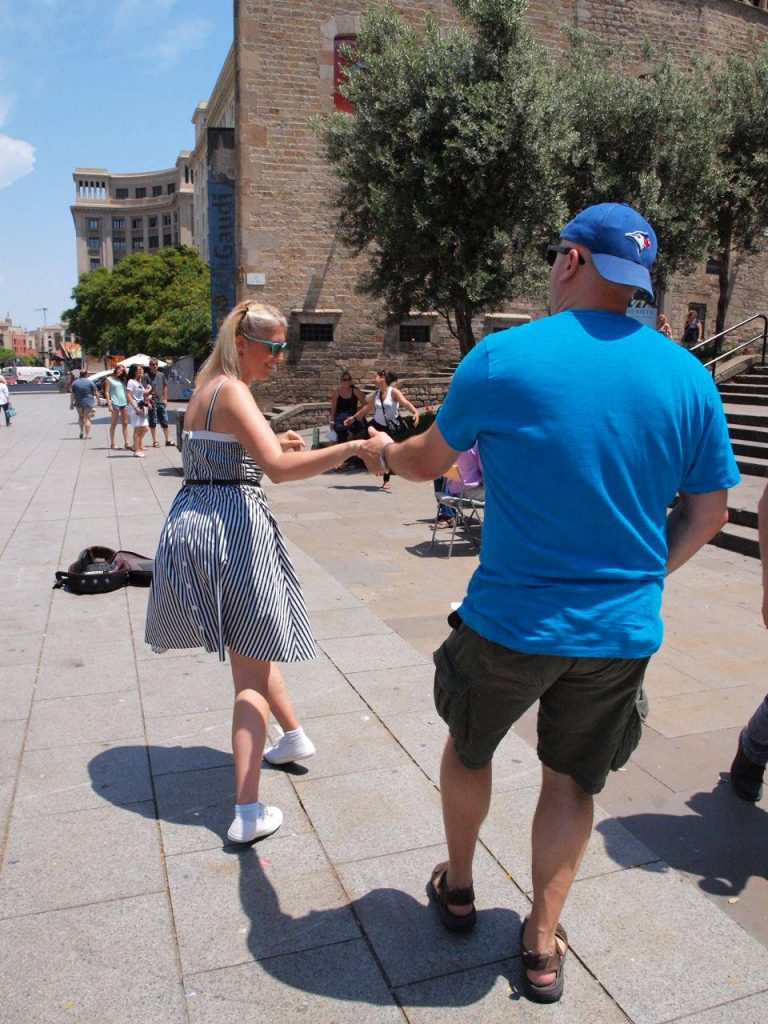 Lindy hoppers from Toronto dancing in Barcelona on the street.