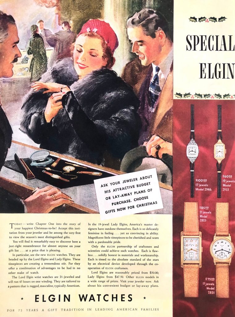 Original 1937 Elgin Watches Ad for men and women. 