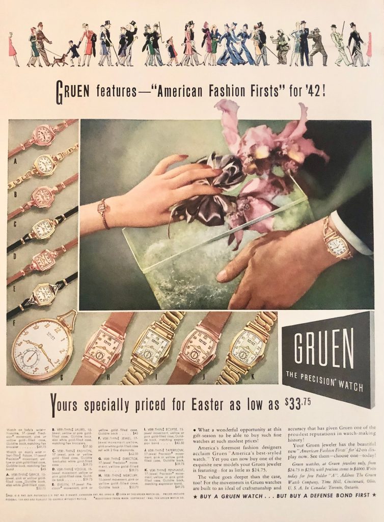 Original 1942 Gruen Watches Ad. Vintage watches for women and men. 