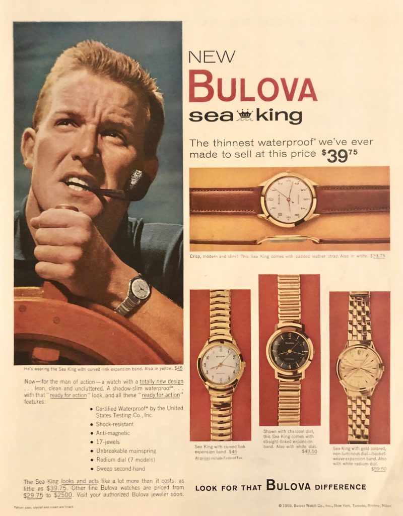 1950s Men's Watches-Original 1959 Bulova Sea King Watch Ad.