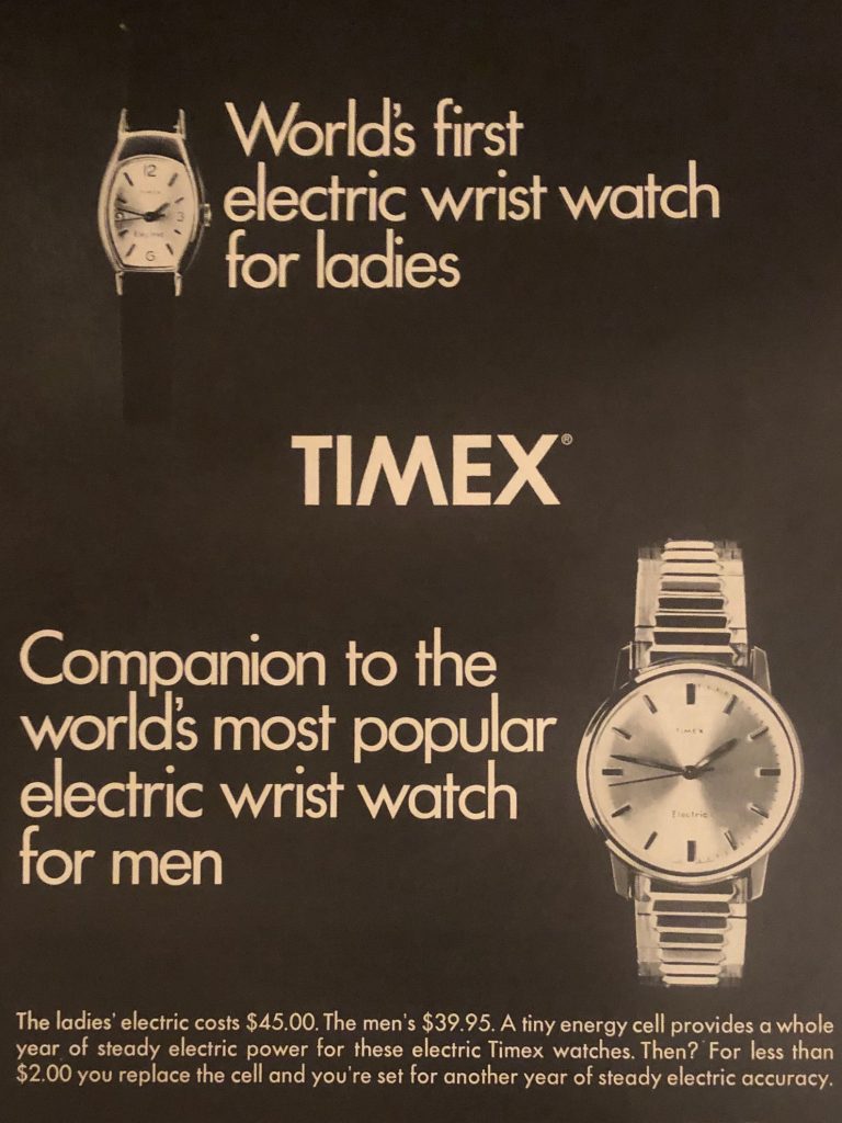  Original 1966 Timex Electric Wrist Watch Ad for the world's first electric wrist watch. Vintage watch ad for men and women.