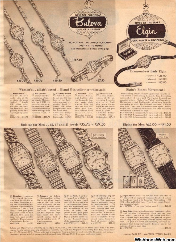 Sears wishbook 1952 watches for men and watches for women catalog page