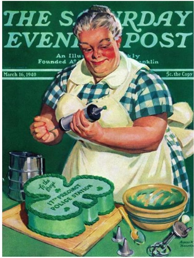 "St. Paddy Cake for Policemen," Saturday Evening Post Cover, March 16, 1940 featuring an older woman baking a shamrock cake for the Police Station.