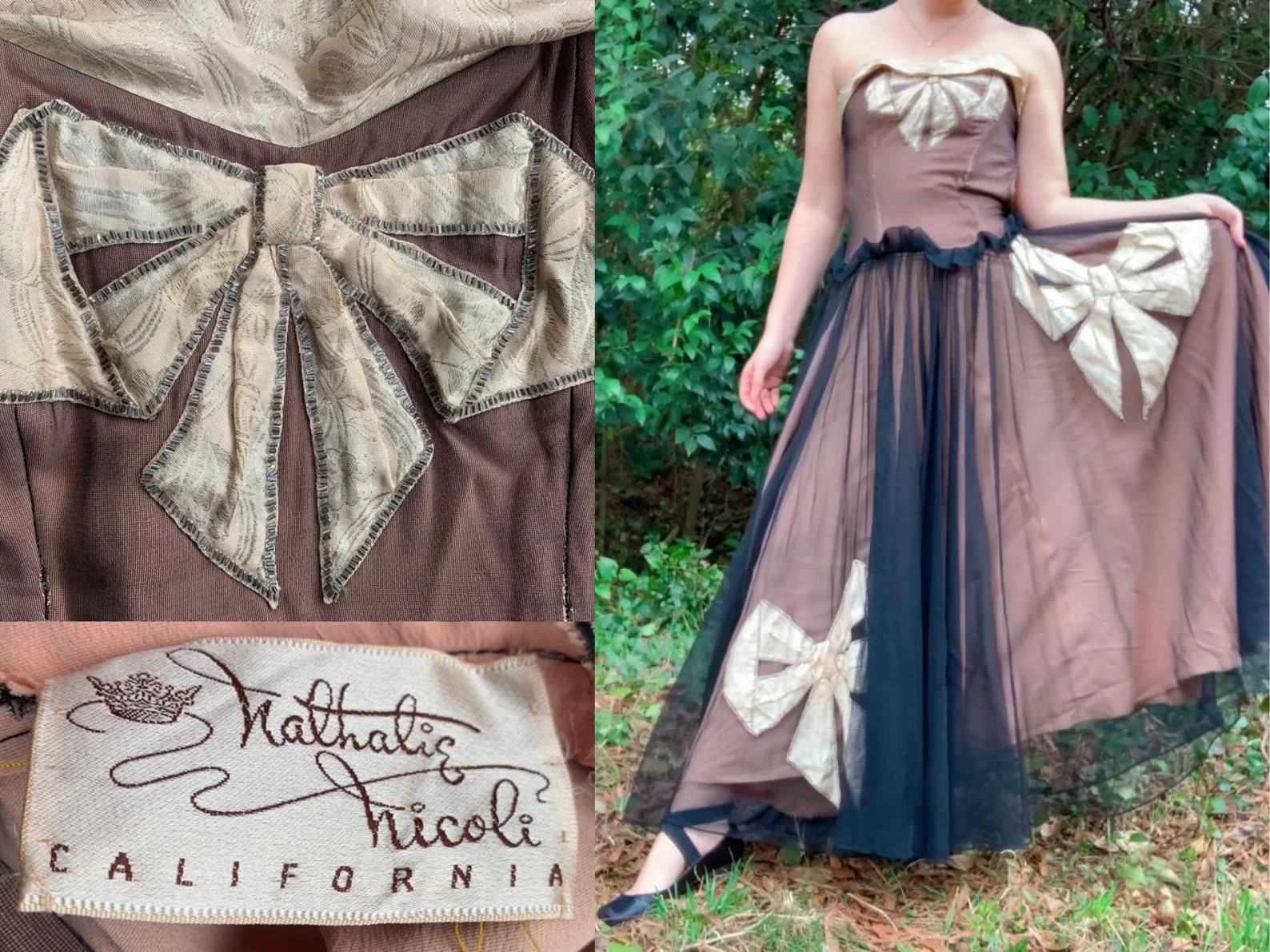 Vintage 1940s Strapless Evening Gown in Pink and Black with Gorgeous Bow Appliques by Nathalie Nicoli