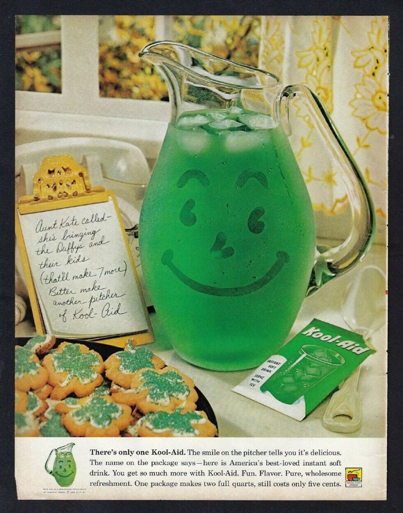 1960s Ad: Vintage 1961 Green KOOL-AID Pitcher Print Ad - St Patrick's Day Cookies