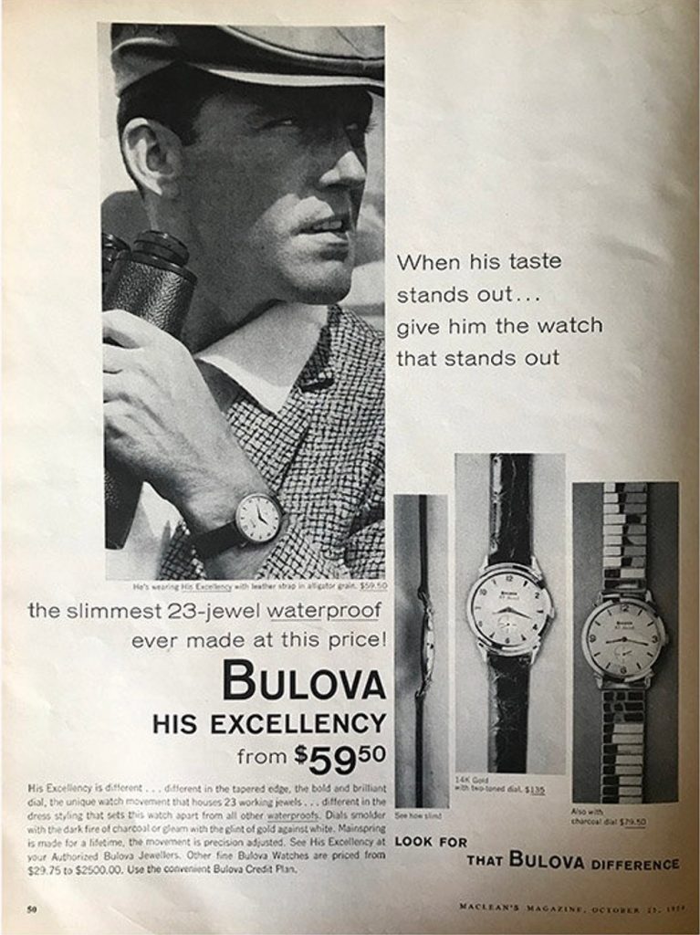 Vintage 50s Bulova Watch Ad Canadian Magazine Macleans October 1958