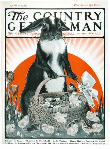 1930s Vintage Magazine Cover-The Country Gentleman April 4th, 1925. The oldest agricultural journal in the world. The Cover is a Easter theme with a Easter Bunny holding a basket of birds in a tulip field. 