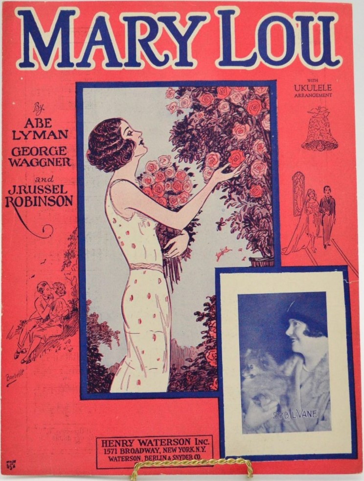 1920s vintage sheet Music / 1920s music: 1926 Sheet Music for "Mary Lou" featuring an illustration of a 1920s woman holding flowers and image of a 1920s woman with her dog