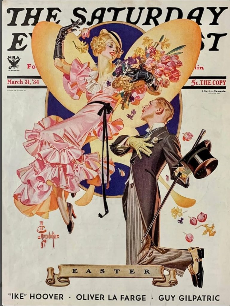 1930s Vintage Magazine Cover Illustration: “Romantic Easter” by J. C. Leyendecker on the cover of “The Saturday Evening Post,” March 31, 1934.