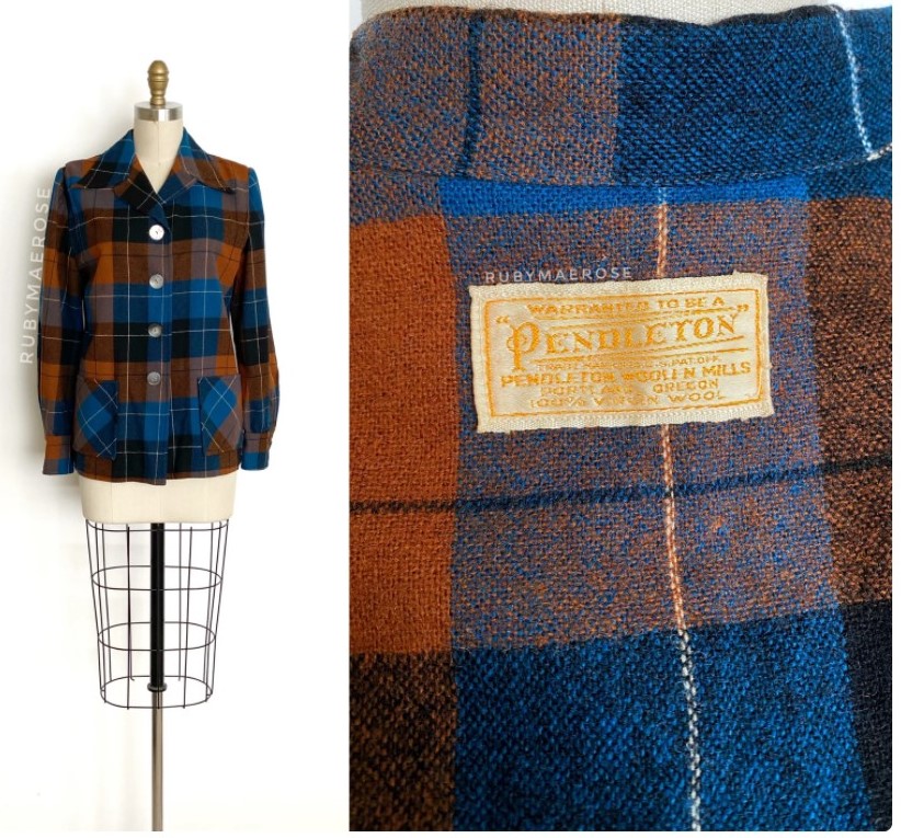 1940s / 1950s Pendleton. This jacket features a cozy blue and burnt orange/brown colourway in a plaid pattern and the classic 49er design